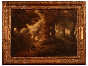 Scuola di Barbizon del XIX secolo - Paesaggio boschivo con viandanti