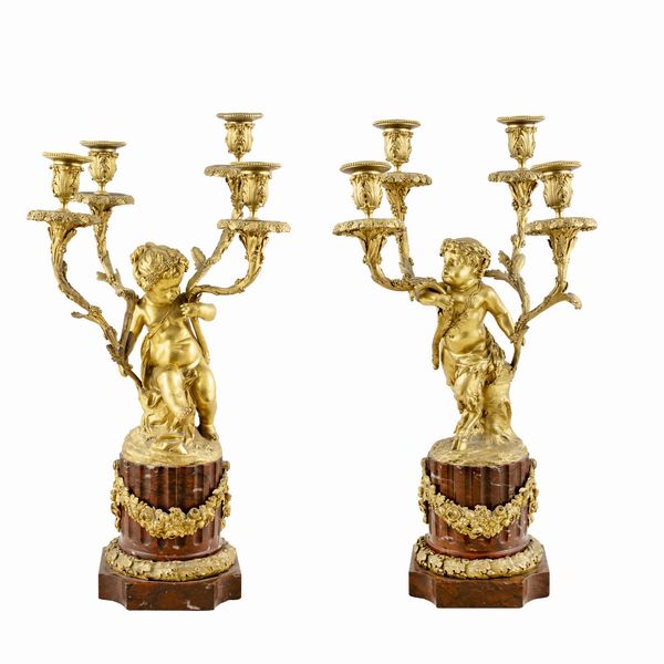 Coppia di candelabri a quattro fiamme in bronzo dorato e marmo  - Asta Dipinti Antichi e del XIX Secolo Arredi e Sculture - Associazione Nazionale - Case d'Asta italiane