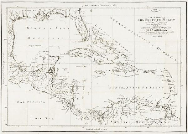 Carta Esferica Del Golfo de Mexico e Islas Antillas, para inteligenc.a de la Obra intitulada: Descubrimiento y Conquista de la America: Construida segun las Cartas ultimam.te. public.s por la Direccion de Hidrogafia.  - Asta Arte Antica, Moderna e Contemporanea [parte I] - Associazione Nazionale - Case d'Asta italiane