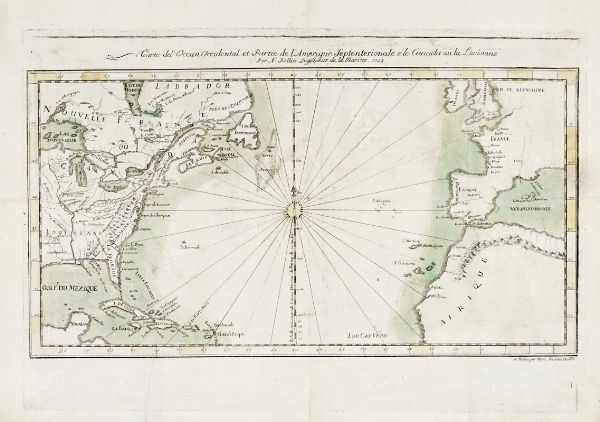 JACQUES NICOLAS BELLIN : Carte de l'Ocean Occidental et Partie de l'Amerique Septentrionale Dresse pour l'intelligence du Journal du Voyage. Que le R. P. Charlexoix de la Compagnie de Jesus a fait en 1720,  la Louisiane, &  St. Domingue  - Asta Arte Antica, Moderna e Contemporanea [parte I] - Associazione Nazionale - Case d'Asta italiane