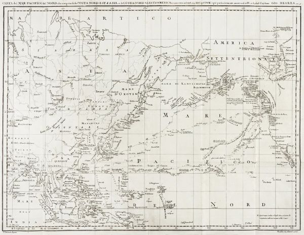 JOHN MEARES : Carta del Mar Pacifico del Nord che comprende la costa Nord-Est d'Asia e la costa Nord-Ovest d'America riconosciuta nel 1778 e 79 dal Cap. Cook e pi particolarmente ancora nel 1788 e 89 dal Capitano Gio. Meares.  - Asta Arte Antica, Moderna e Contemporanea [parte I] - Associazione Nazionale - Case d'Asta italiane