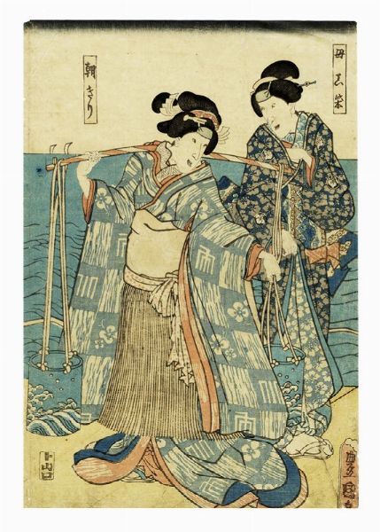 UTAGAWA KUNISADA I (TOYOKUNI III) : Arashi Koroku V nel ruolo della Madre (Haha) Shiba, e Band Sh?ka I nelruolo di Asagiri.  - Asta Arte Antica, Moderna e Contemporanea [parte I] - Associazione Nazionale - Case d'Asta italiane