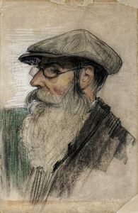 ADOLFO SCARSELLI - Ritratto maschile di profilo con cappello e occhiali.