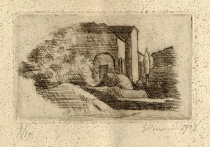 Giorgio Morandi - La casetta con il portico e il cipresso (lastra piccola).