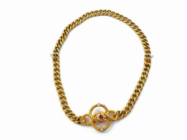 Demi parure borbonica collana ed anello in oro a basso titolo con paste vitree e microperle  - Asta Gioielli e Orologi - Associazione Nazionale - Case d'Asta italiane