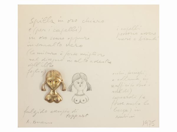 Antonio Bueno : 'La popputa con treccine' 1976 spilla in oro giallo con diamante, rubini e zaffiri  - Asta Gioielli e Orologi - Associazione Nazionale - Case d'Asta italiane