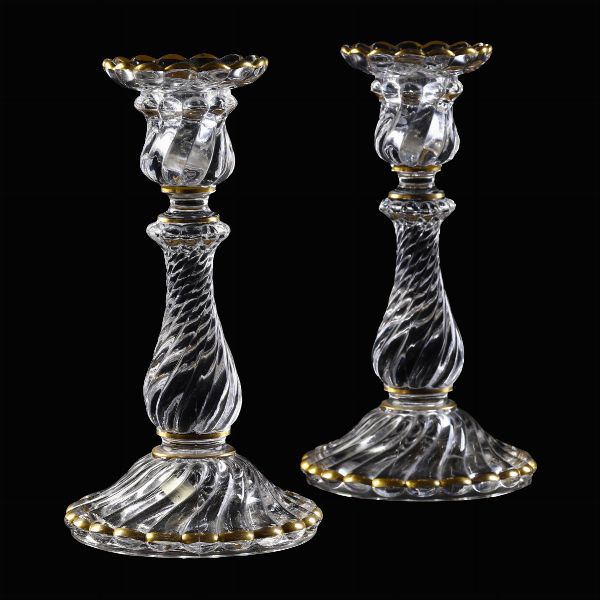 Coppia di candelieri Bambou Tors <BR>Francia, Manifattura Baccarat, prima met del XX secolo<BR>  - Asta L'Art de la Table - Associazione Nazionale - Case d'Asta italiane