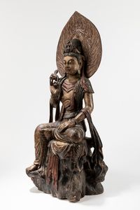 SCULTURA IN LEGNO POLICROMO RAFFIGURANTE GUANYIN  - Asta Arte Orientale  - Associazione Nazionale - Case d'Asta italiane