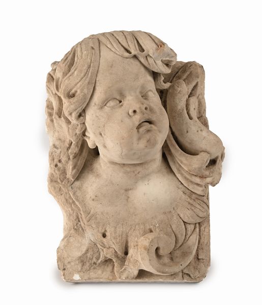 Volto di cherubino in marmo, XVII/XVIII secolo  - Asta Antiquariato - Mobili, Sculture e Oggetti d'Arte - Associazione Nazionale - Case d'Asta italiane