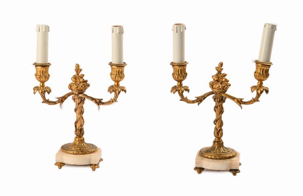 Coppia di lampade in bronzo dorato a due luci, XIX secolo  - Asta Antiquariato - Mobili, Sculture e Oggetti d'Arte - Associazione Nazionale - Case d'Asta italiane