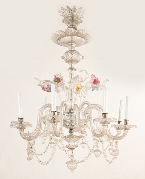 Lampadario in vetro di Murano a otto luci, inizi del XX secolo  - Asta Antiquariato - Mobili, Sculture e Oggetti d'Arte - Associazione Nazionale - Case d'Asta italiane