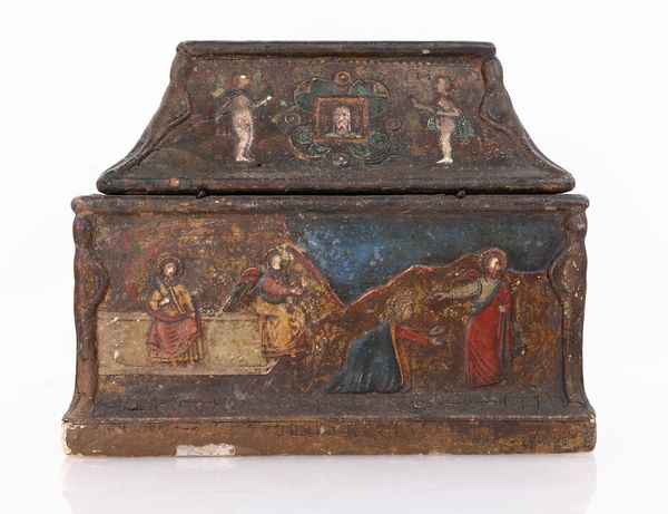 Cassetta per elemosina in legno e pastiglia dipinta, Italia, periodo del Grand Tour  - Asta Antiquariato - Mobili, Sculture e Oggetti d'Arte - Associazione Nazionale - Case d'Asta italiane