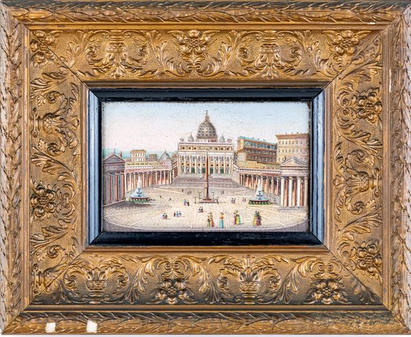 Biagio Barzotti : Placca in mosaico minuto raffigurante piazza San Pietro e la Basilica Vaticana  - Asta Antiquariato - Mobili, Sculture e Oggetti d'Arte - Associazione Nazionale - Case d'Asta italiane