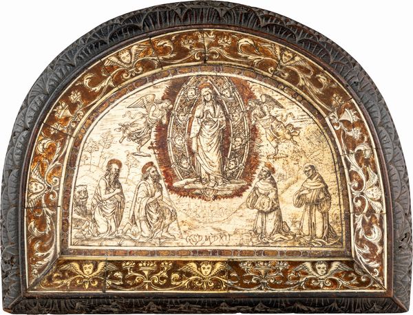 Lunetta devozionale in legno con placca in osso  - Asta Antiquariato - Mobili, Sculture e Oggetti d'Arte - Associazione Nazionale - Case d'Asta italiane