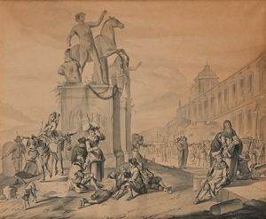 Scuola romana del XVIII secolo - Veduta di Piazza del Quirinale da Johannes Lingelbach