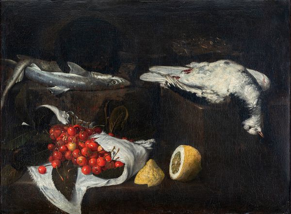 Giovan Battista  Ruoppolo (Napoli, 1629 – 1693) : Ciliegie, limoni e pesci su un piano  - Asta Oggetti d'arte, Gouaches dalla Collezione di Carlo Knight, importanti dipinti antichi e dipinti del XIX secolo - Associazione Nazionale - Case d'Asta italiane