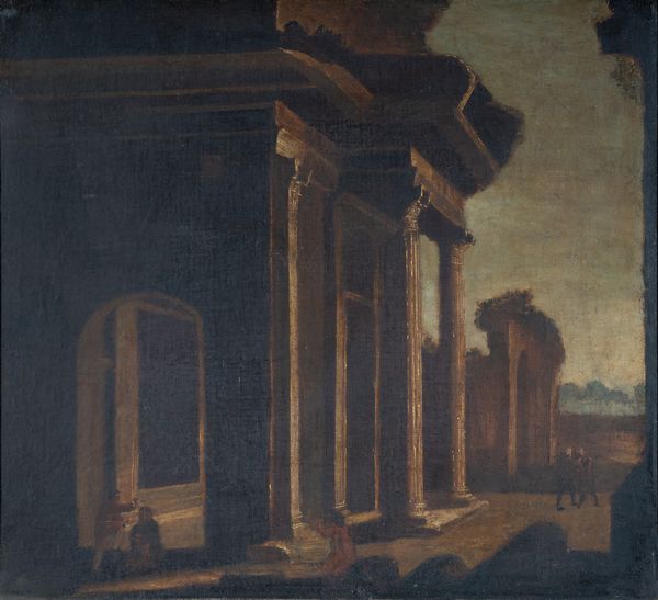 Scuola italiana, fine XVIII secolo : Porticato di un edificio classico in rovina  - Asta Oggetti d'arte, Gouaches dalla Collezione di Carlo Knight, importanti dipinti antichi e dipinti del XIX secolo - Associazione Nazionale - Case d'Asta italiane