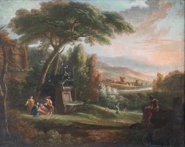 Scuola napoletana, XVIII secolo : Scena mitologica entro un paesaggio  - Asta Oggetti d'arte, Gouaches dalla Collezione di Carlo Knight, importanti dipinti antichi e dipinti del XIX secolo - Associazione Nazionale - Case d'Asta italiane