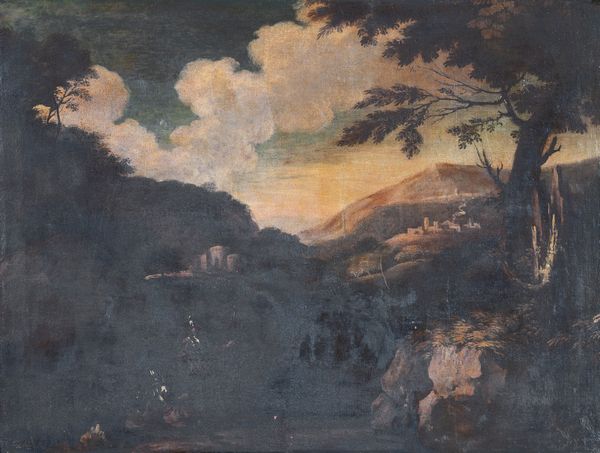 Scuola napoletana, seconda  metà XVII secolo : Armigeri a riposo nei pressi di uno stagno in un paesaggio roccioso  - Asta Oggetti d'arte, Gouaches dalla Collezione di Carlo Knight, importanti dipinti antichi e dipinti del XIX secolo - Associazione Nazionale - Case d'Asta italiane