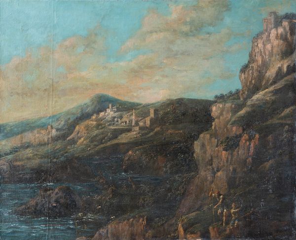 cerchia di Salvator Rosa (Napoli, 1615 - Roma, 1673) : Paesaggio montuoso con figure  - Asta Oggetti d'arte, Gouaches dalla Collezione di Carlo Knight, importanti dipinti antichi e dipinti del XIX secolo - Associazione Nazionale - Case d'Asta italiane