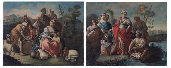 Scuola napoletana, seconda metà del XVIII secolo : a)Il viaggio di Rachele; b)Mos salvato dalle acque  - Asta Oggetti d'arte, Gouaches dalla Collezione di Carlo Knight, importanti dipinti antichi e dipinti del XIX secolo - Associazione Nazionale - Case d'Asta italiane