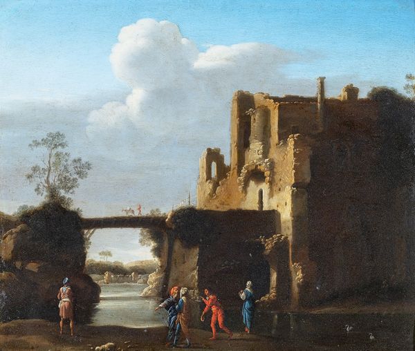 Teodoro Filippo di Liagno detto Filippo Napoletano (Roma 1587-1629) : Viandanti presso un borgo sulle rive di un fiume  - Asta Oggetti d'arte, Gouaches dalla Collezione di Carlo Knight, importanti dipinti antichi e dipinti del XIX secolo - Associazione Nazionale - Case d'Asta italiane