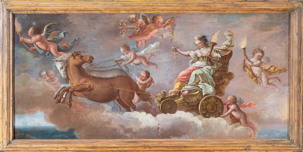 Scuola napoletana, XVIII secolo : Aurora che traina il carro dell'alba  - Asta Oggetti d'arte, Gouaches dalla Collezione di Carlo Knight, importanti dipinti antichi e dipinti del XIX secolo - Associazione Nazionale - Case d'Asta italiane