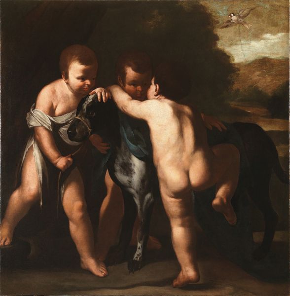 Massimo Stanzione (Napoli, 1585 - 1656) : Tre puttini, un cane e un cardellino  - Asta Oggetti d'arte, Gouaches dalla Collezione di Carlo Knight, importanti dipinti antichi e dipinti del XIX secolo - Associazione Nazionale - Case d'Asta italiane