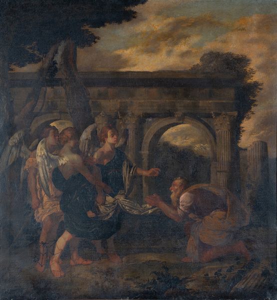 Scuola ligure, fine XVII secolo : L'apparizione dei tre angeli ad Abramo  - Asta Oggetti d'arte, Gouaches dalla Collezione di Carlo Knight, importanti dipinti antichi e dipinti del XIX secolo - Associazione Nazionale - Case d'Asta italiane