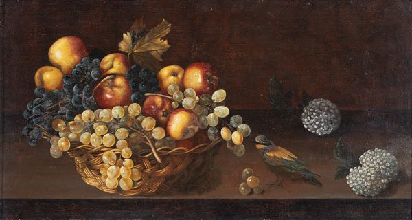 Scuola spagnola, fine XVIII secolo : Cesto di frutta, fiori e un uccellino su un piano  - Asta Oggetti d'arte, Gouaches dalla Collezione di Carlo Knight, importanti dipinti antichi e dipinti del XIX secolo - Associazione Nazionale - Case d'Asta italiane