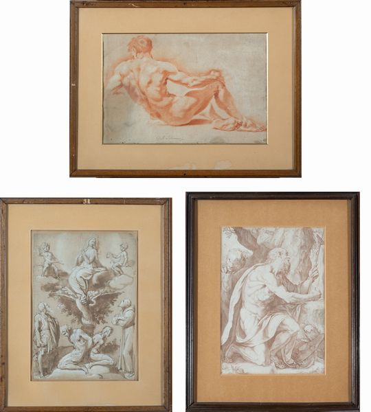 Lotto unico composto da 3 studi preparatori  - Asta Oggetti d'arte, Gouaches dalla Collezione di Carlo Knight, importanti dipinti antichi e dipinti del XIX secolo - Associazione Nazionale - Case d'Asta italiane