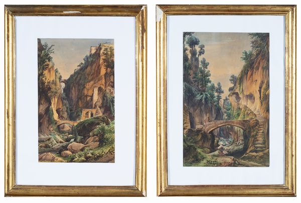 Gabriele Carelli (Napoli, 1820 – Mentone, 1900) : a) Lorrido di Sorrento con Villa Falcon sullo sfondo b) Lorrido di Sorrento da Villa Falcon  - Asta Oggetti d'arte, Gouaches dalla Collezione di Carlo Knight, importanti dipinti antichi e dipinti del XIX secolo - Associazione Nazionale - Case d'Asta italiane