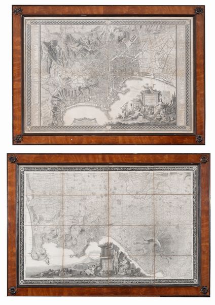 Scuola napoletana, XIX secolo : a) Mappa della citt di Napoli b) Napoli con le sue adiacenze  - Asta Oggetti d'arte, Gouaches dalla Collezione di Carlo Knight, importanti dipinti antichi e dipinti del XIX secolo - Associazione Nazionale - Case d'Asta italiane