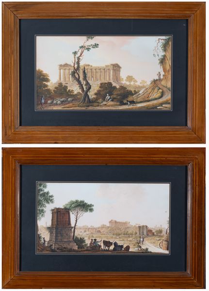 attribuito a Pietro Fabris (Napoli, 1740 – 1792) : a)Il Templio della Concordia; b) La Valle dei Templi  - Asta Oggetti d'arte, Gouaches dalla Collezione di Carlo Knight, importanti dipinti antichi e dipinti del XIX secolo - Associazione Nazionale - Case d'Asta italiane