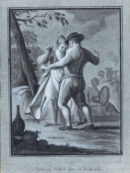 attribuito a Pietro Fabris (Napoli, 1740 – 1792) : Ballo di Napoli detto la Tarantella  - Asta Oggetti d'arte, Gouaches dalla Collezione di Carlo Knight, importanti dipinti antichi e dipinti del XIX secolo - Associazione Nazionale - Case d'Asta italiane