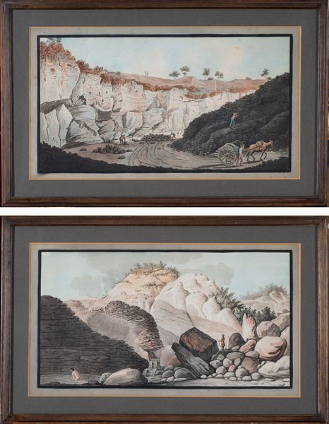 attribuito a Pietro Fabris (Napoli, 1740 – 1792) : a) Scavi di uno spesso strato di lava che si rivers in mare durante l'eruzione del Vesuvio nel 1631; b)Vista della sorgente calda, Pisciarelli, da una parte del cono del Solfaterra  - Asta Oggetti d'arte, Gouaches dalla Collezione di Carlo Knight, importanti dipinti antichi e dipinti del XIX secolo - Associazione Nazionale - Case d'Asta italiane