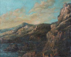 cerchia di Salvator Rosa (Napoli, 1615 - Roma, 1673) - Paesaggio montuoso con figure