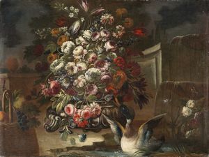 Nicola Casissa (Napoli, 1680 ca.-1731) - Vaso con peonie e rose con uccello