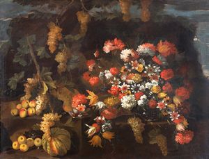 attribuito ad Abraham  Brueghel (Anversa, 1631 – Napoli, 1697) - Fiori e frutta en plain air