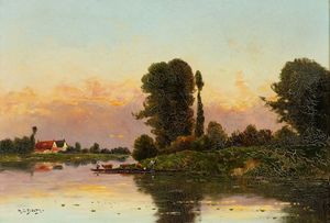 Hippolyte Camille  Delpy (Joigny 1842-1910 Parigi) - Lavandaie presso un fiume al tramonto