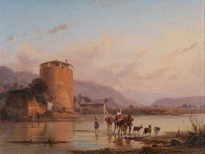 Anton Sminck Van Pitloo (Arnhem 1790 - Napoli 1837) - Mausoleo degli Acili Glabrioni ad Alife in riva al fiume