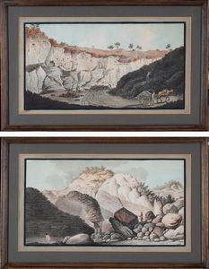 attribuito a Pietro Fabris (Napoli, 1740 – 1792) - a) Scavi di uno spesso strato di lava che si rivers in mare durante l'eruzione del Vesuvio nel 1631; b)Vista della sorgente calda, Pisciarelli, da una parte del cono del Solfaterra