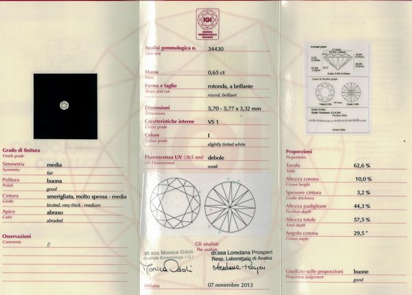 Diamante taglio rotondo a brillante di ct 0.65, colore I, caratteristiche interne VS1, fluorescenza UV debole  - Asta Fine Jewels - Associazione Nazionale - Case d'Asta italiane