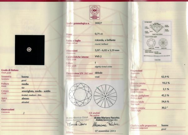 Diamante taglio rotondo a brillante di ct 0.72, colore I, caratteristiche interne VVS2, fluorescenza UV debole  - Asta Fine Jewels - Associazione Nazionale - Case d'Asta italiane
