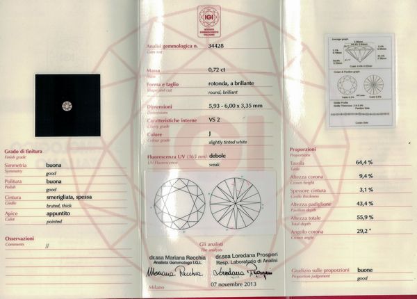 Diamante taglio rotondo a brillante di ct 0.72, colore J, caratteristiche interne VS2, fluorescenza UV debole  - Asta Fine Jewels - Associazione Nazionale - Case d'Asta italiane