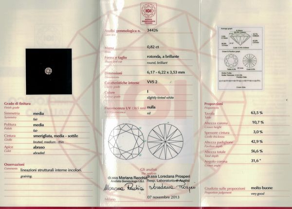 Diamante taglio rotondo a brillante di ct 0.82, colore I, caratteristiche interne VVS2, fluorescenza UV nulla  - Asta Fine Jewels - Associazione Nazionale - Case d'Asta italiane