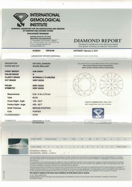 Diamante taglio rotondo a brillante di ct 0.86, colore H, caratteristiche interne IF, fluorescenza UV nulla  - Asta Fine Jewels - Associazione Nazionale - Case d'Asta italiane