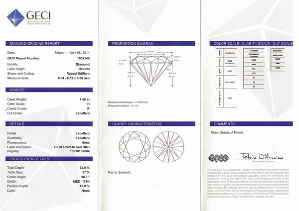Diamante taglio rotondo a brillante di ct 1.08, colore H, caratteristiche interne IF, fluorescenza UV nulla  - Asta Fine Jewels - Associazione Nazionale - Case d'Asta italiane