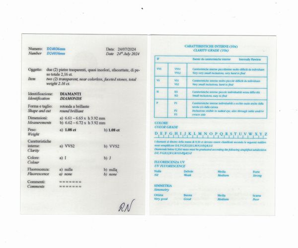 Coppia di diamanti taglio brillante di ct 1.08, colore I e J, caratteristiche interne VVS2, fluorescenza UV nulla  - Asta Fine Jewels - Associazione Nazionale - Case d'Asta italiane