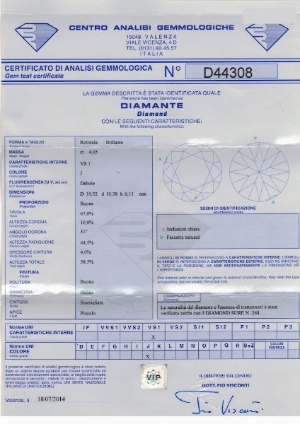 Diamante taglio rotondo a brillante di ct 4.05, colore J, caratteristiche interne VS1, fluorescenza UV debole  - Asta Fine Jewels - Associazione Nazionale - Case d'Asta italiane